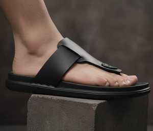 Sandales classiques noires pour hommes, à bout ouvert, en cuir, décontractées, à semelle plate, légères, chaussures d'été pour les voyages en plein air et - Product Image 3