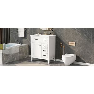 Mobile Bagno Bianco da 30 Pollici con Lavabo e Cassetti, Struttura Solida in MDF (Vecchio SKU N725S999222K) - Product Image 1