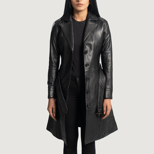 2026 New Ladies Double Breasted Lamb Leather Windbreak Long Coat with Waistband Women Leather Coat for Girls - Product Image 5