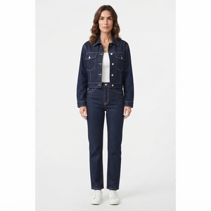 <b>Women</b> <b>Dark</b> <b>Blue</b> Denim Jacket And <b>Jeans</b> Set Cropped Button Front Jacket Straight Leg <b>Jeans</b> Two Piece Casual Outfit - Product Image 1