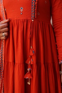 Stylish <b>Womens</b> Orange Cotton Pintex Embroidered Anarkali Set with Tiered <b>Kurta</b> Straight Pants and Floral Printed Dupatta - Product Image 5