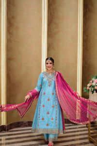 Ensemble Kurti Designer en Georgette avec Perles, Haut Entièrement Cousu 44 Pouces, Taille Unique, Palazzo 2M, Dupatta Grande Taille du M au XXXL, Prêt-à-porter - Product Image 5