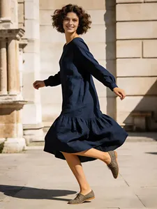 Women Plain Navy Blue <b>Boho</b> Maxi <b>Dress</b> <b>Long</b> Sleeve Oversized Loose Fit Round Neck Tiered Hem Casual Elegant <b>Dress</b> - Product Image 5
