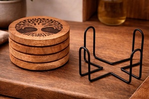 Tree of Life Laser Engraved Solid Wood Coaster Set Heat Resistant Drink Mat <b>Table</b> <b>Protector</b> Coffee Tea Cup Holder - Product Image 3