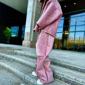 Ensemble de survêtement deux pièces JAYCAN SPORTS rose en cuir véritable écologique matelassé, coupe ample, unisexe, streetwear, manches longues - Product Image 3