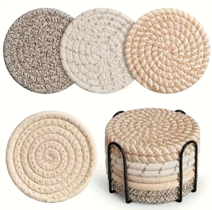 Vibrant orange fringe rim woven straw coaster mats adding modern style to dining room <b>tables</b>, available at wholesale prices. - Product Image 4
