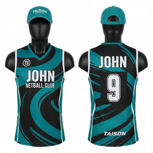 Maillot de netball pour hommes 150 GSM en polyester respirant, design graphique sublimé bleu sarcelle noir blanc, panneau latéral, logo personnalisé - Product Image 1
