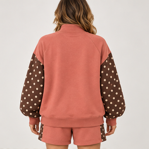 Women's Coral Polka Sleeve Mock Neck 2-Piece <b>Shorts</b> <b>Set</b> Custom Casual Sportswear - Product Image 2