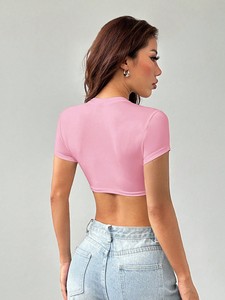 95%Cotton 5% Elastane Pink Crop Tee Women Short Sleeve Fitted Top Lightweight Casual Fashion Shirt Slim Cut Custom women's shirt - Product Image 4
