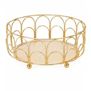 Most Selling Wire Fruit Basket <b>Rose</b> <b>Gold</b> Hexagonal Wire Bowl with Natural Wood <b>Top</b> Rim for Kitchen Counter Storage - Product Image 1