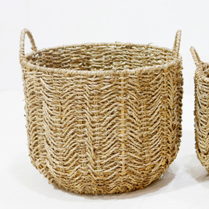 Handwoven Natural Rattan Round Storage <b>Basket</b> With Handles Rustic Style Clothing Storage Bin - Product Image 3
