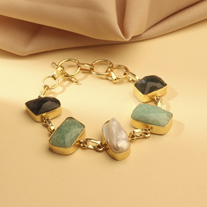 Bracelet chaîne géométrique plaqué or avec pierres naturelles et perles d'imitation serties clos, style bohème, cadeau pour femme - Product Image 3