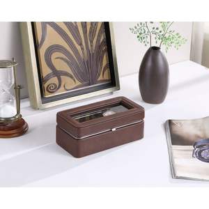 8\" Long Brown Leather & Tempered Glass 4-Slot <b>Watch</b> Display <b>Case</b> Premium <b>Watch</b> <b>Boxes</b> & <b>Cases</b> - Product Image 3