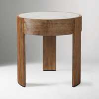 Table d'appoint ronde en chêne avec plateau incrusté blanc et trois pieds