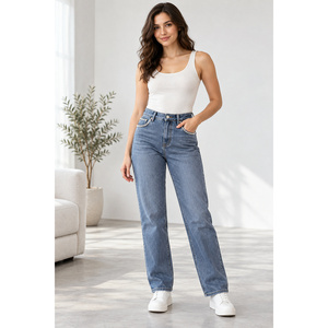 Jeans de Mujer de Cintura Alta con Bolsillos Decorados con Perlas, Estilo Boyfriend, Color Azul Pizarra, Lavado Medio, Corte Ajustado, Tallas XS-6XL - Product Image 5