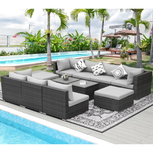 Outdoor Wicker Rattan Sectional Sofa Set Garden Patio Furniture with Tempered Glass Coffee Table - Product Image 2
