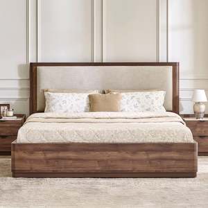 Solid Wood King <b>Bed</b> <b>Frame</b> Upholstered Headboard Oak Wood Traditional Design Beige Fabric Panel <b>Bed</b> - Product Image 2