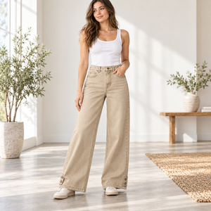 Jeans de mezclilla de pierna ancha Y2K para mujer, cintura alta, con botones, color beige arena, lavables y transpirables - Product Image 5