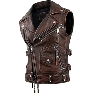 Gilet de motard vintage marron en cuir véritable pour homme, veste asymétrique à fermeture éclair, style punk, fabricant OEM - Product Image 1