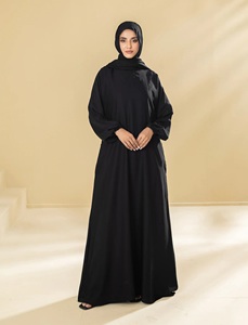 Muslim Women Simple Polyester Fiber Everyday Casual Formal Black Abaya Set Long <b>Elastic</b> Sleeve Floor-Length Straight Saudi - Product Image 3