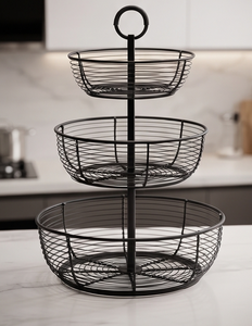 Panier de rangement à fruits en fil métallique noir à 3 niveaux avec poignée, support de présentation de légumes pour cuisine, vente en gros - Product Image 5