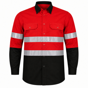 Camisa de Trabajo de Seguridad de Manga Larga Reflectante de Alta Visibilidad para Hombre, Roja y Negra, de Poliéster Tejido Transpirable con Diseño de Bolsillos - Product Image 1