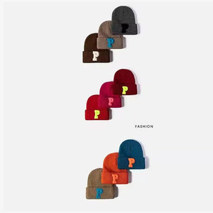 Bonnet unisexe en coton tricoté à la main avec lettre P brodée, couleur unie, chaud pour l'hiver, style urbain, pour adulte, ski, strass, 50-54CM - Product Image 5