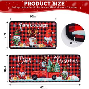 Set di Tappetini da Cucina Natalizi, 2 Pezzi, Rosso e Nero a Quadri Buffalo con Camion e Gnomi, Decorazioni Natalizie per la Cucina - Product Image 1