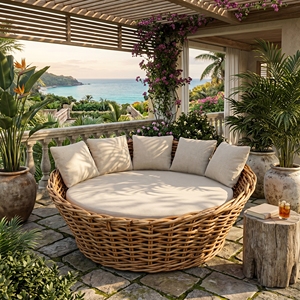 Thaloone Outdoor Round Rattan Daybed Premium Wicker Sunbed Resort Style Lounge Furniture With Daphni <b>Cream</b> Fabric Cushions Patio - Product Image 2