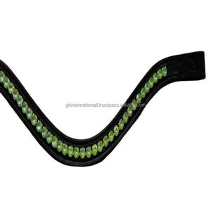 Dernière tendance accessoires cheval vente en gros, selle noire en cuir, bande de sourcil de cheval conçue avec 1 rangée de strass vert bling - Product Image 1