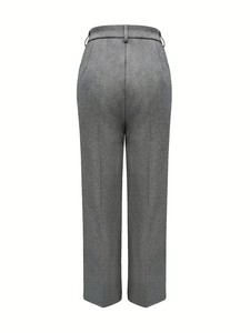 Pantalon décontracté gris uni taille mi-haute coupe droite en polyester et coton, anti-plis, longueur genou, taille élastique, pour femme de bureau - Product Image 2