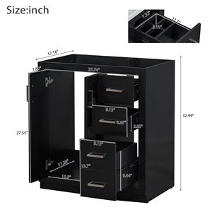 Mobile Bagno in Legno Massello da 30 Pollici con 3 Cassetti, Armadietto Autoportante con Chiusura Ammortizzata, Senza Lavabo - Product Image 5