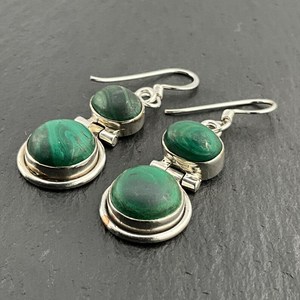 Vintage Malachite Sterling Silver Dangle Drop <b>Earrings</b> Handmade <b>Green</b> Gemstone Jewelry Elegant Gift For Women - Product Image 3