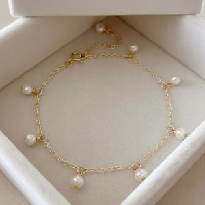 925 Sterling Silver 14K Gold Plated Pearl Bracelet Freshwater Pearl Charm Dainty Minimalist Bridal Jewelry Gift - Product Image 3