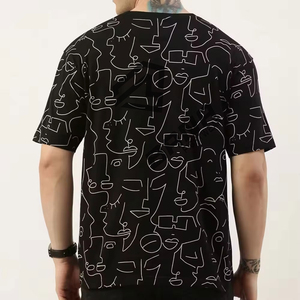 T-shirt personnalisé pour homme, noir, manches courtes, col rond, avec motif abstrait blanc, coupe classique, jersey en coton tricoté décontracté - Product Image 2