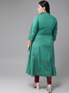 Kurta Anarkali en coton vert à motifs floraux, grande taille, col mandarin, manches trois quarts, confortable pour le quotidien, vente en gros - Product Image 3