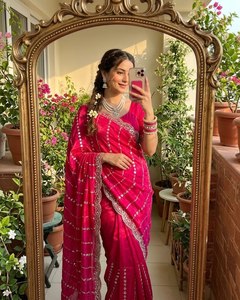 Very Soft nd Elegant Rich look fandy satin fabric with beautiful hand embroidery cutdana sequence work lehariya on border - Product Image 1