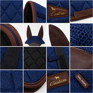Almohadilla de Silla de Montar Acolchada Azul Personalizada con Ribete de Cuero Marrón, Logotipo Frontal Aplicado, Impresión Digital, Malla Transpirable Tejida de 140g, Unisex - Product Image 3