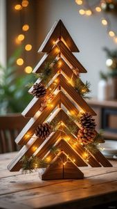 Magnifique décoration de table en bois pour Noël avec des cônes de pin et des lumières LED blanc chaud, décoration artisanale d'intérieur, arbre en bois - Product Image 1