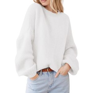Custom White Women Oversized Sweaters High Quality Fuzzy <b>Mohair</b> Feel Drop Shoulder Cozy Comfortable Crewneck <b>Jumpers</b> - Product Image 3