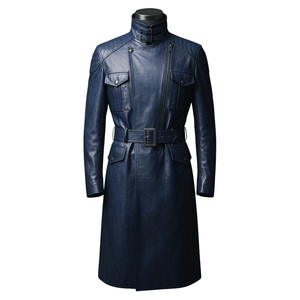 Manteau long en cuir véritable bleu pour homme avec col montant, fermeture éclair et ceinture - Product Image 4