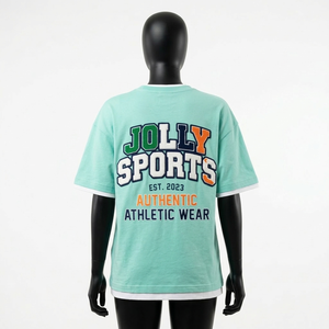 Camiseta de algodón de doble capa para mujer, transpirable, suave, color verde menta, diseño de doble capa en el bajo, estampado con relieve, logotipo personalizado, camisetas de doble capa - Product Image 2