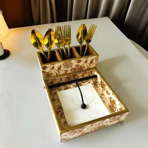 MDF Wood Napkin Holder With Cutlery Slot <b>Floral</b> Printed Table Organizer Restaurant Cafe Tissue Stand Spoon Fork Storage <b>Box</b> - Product Image 1