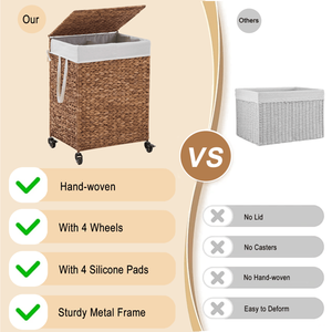 Cesto Portabiancheria in Giacinto d'Acqua Naturale Intrecciato a 2 Sezioni da 100L con Coperchio e Ruote per Facilità di Spostamento - Product Image 2