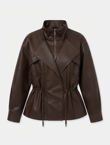 Veste en cuir de mouton marron pour femme, col montant, style motard, fermeture éclair, manches régulières, coupe-vent, printemps automne - Product Image 4