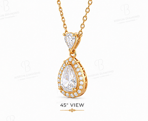 จี้เพชรทรงลูกแพร์ทรงหรูหราประดับเพชรแบบฮาโล ทำจากทองคำขาว 18K พร้อมเพชรเลี้ยงในห้องปฏิบัติการ ความงามเหนือกาลเวลา สไตล์เจ้าสาวแบบดั้งเดิม - Product Image 3