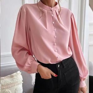 เสื้อเชิ้ตผ้าซาตินชีฟองสีพื้นสำหรับผู้หญิง สไตล์ออฟฟิศ คอปก สวยสง่า ขายส่งสำหรับฤดูใบไม้ผลิ - Product Image 3