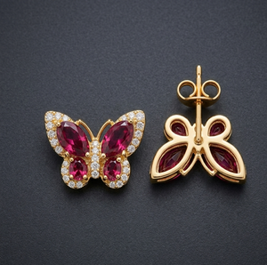 ต่างหูรูปผีเสื้อประดับโกเมนสีแดง งานแฮนด์เมด หลายขนาด เงินแท้ 925 ชุบทอง 18K เครื่องประดับสุดหรู - Product Image 3