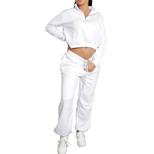 Women White Hooded Crop Top Tracksuit Set Full Sleeve Solid Color Casual <b>Jogger</b> Pants With Drawstring And Side Pockets - Product Image 1