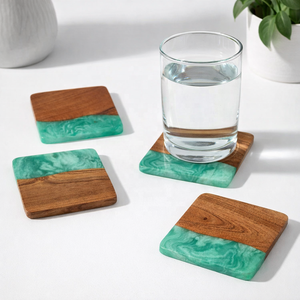 Luxury Modern Handmade Eco-Friendly Acacia Wood Epoxy Resin <b>Coaster</b> Set | Square 10mm Thick Non-Slip <b>Heat</b> Resistant Drink Mats - Product Image 2